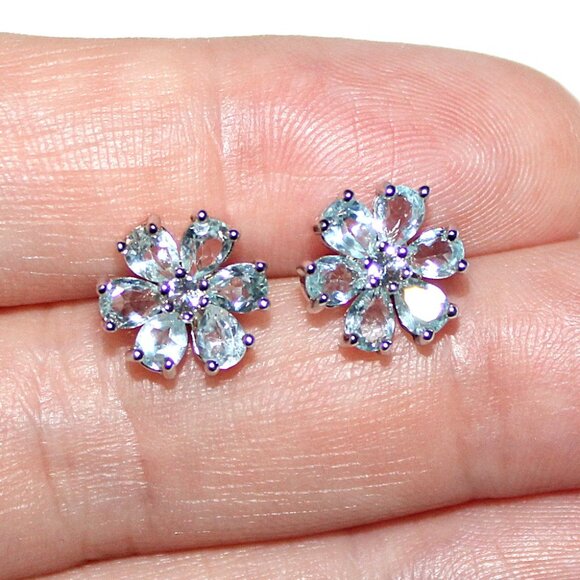 Sterling Silver Blue Topaz Floral Stud Earrings - Picture 4 of 4